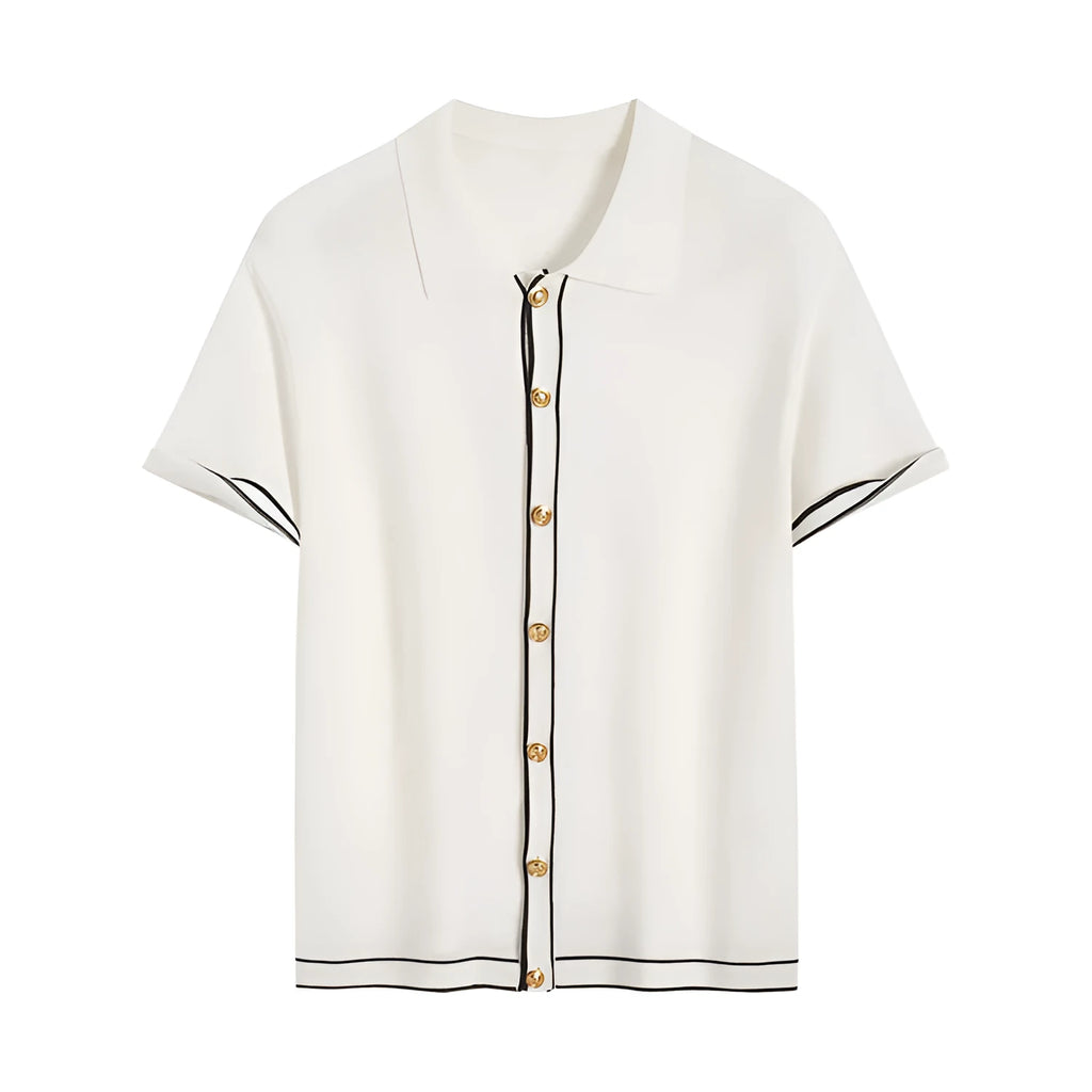 White short-sleeve cardigan with dark contrast lapels, buttoned front, and relaxed fit.