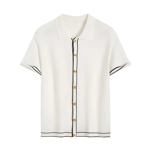 White short-sleeve cardigan with dark contrast lapels, buttoned front, and relaxed fit.