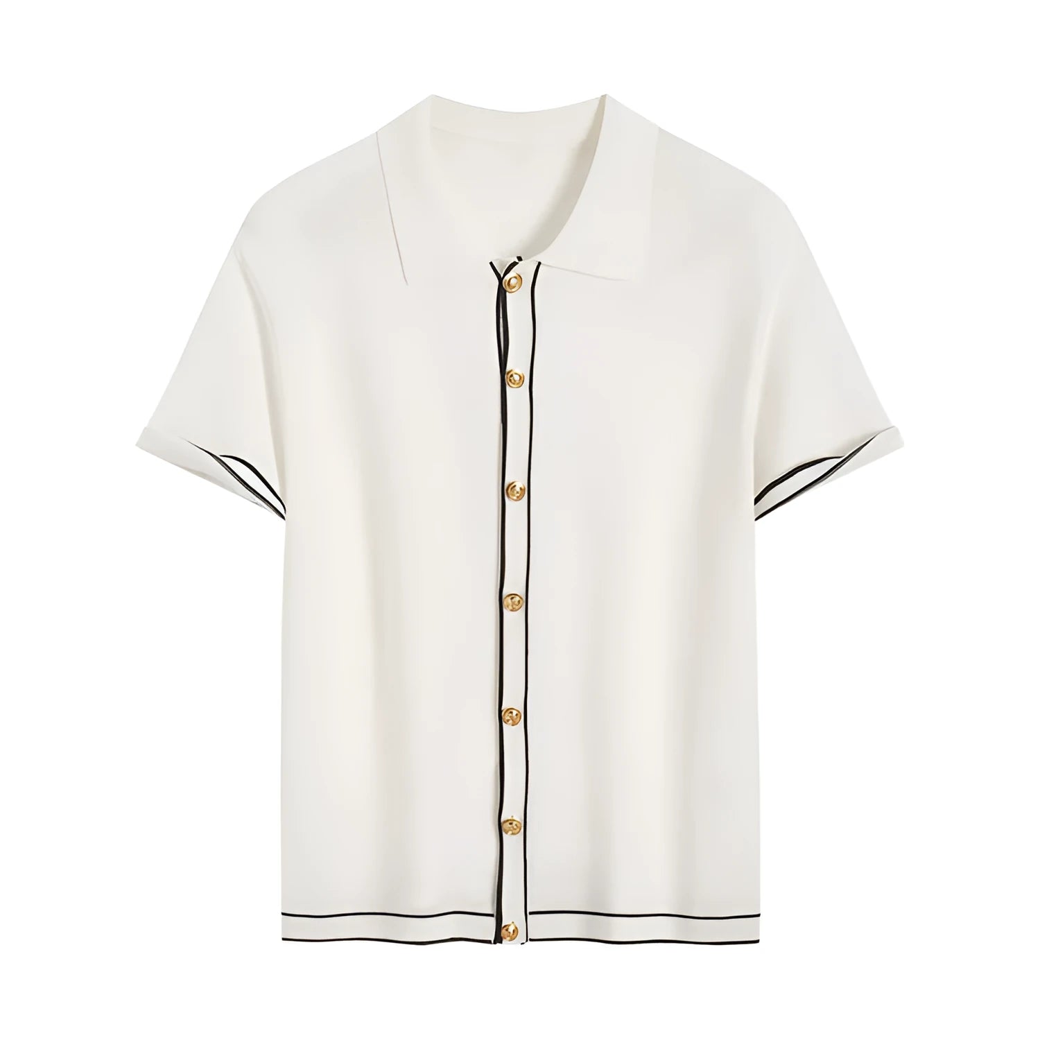 White short-sleeve cardigan with dark contrast pointed lapels, shown on a model.