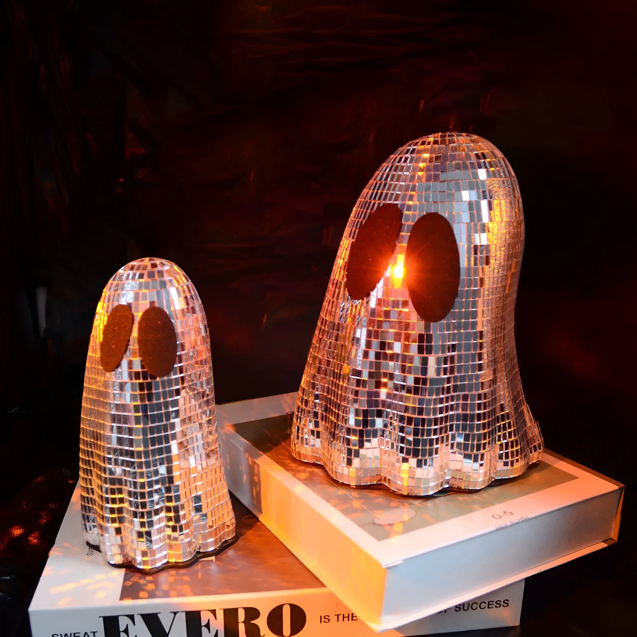 Silver ghost-shaped Halloween desktop decoration with sparkling mosaic mirror patch details.