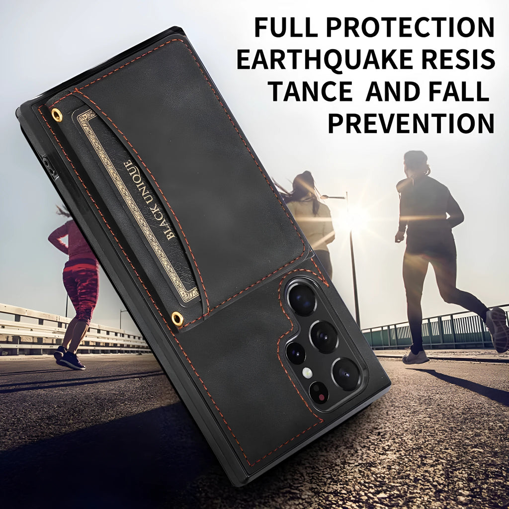 Three-fold wallet phone case with card slots for Samsung Galaxy in black