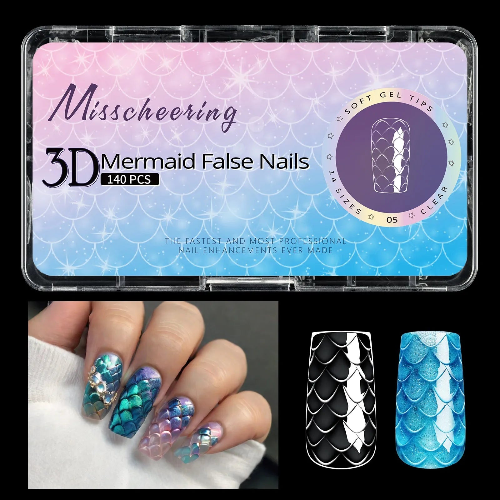 Box of 3D scale long shaping artificial nail tips in one of seven Frigate Box colour options.