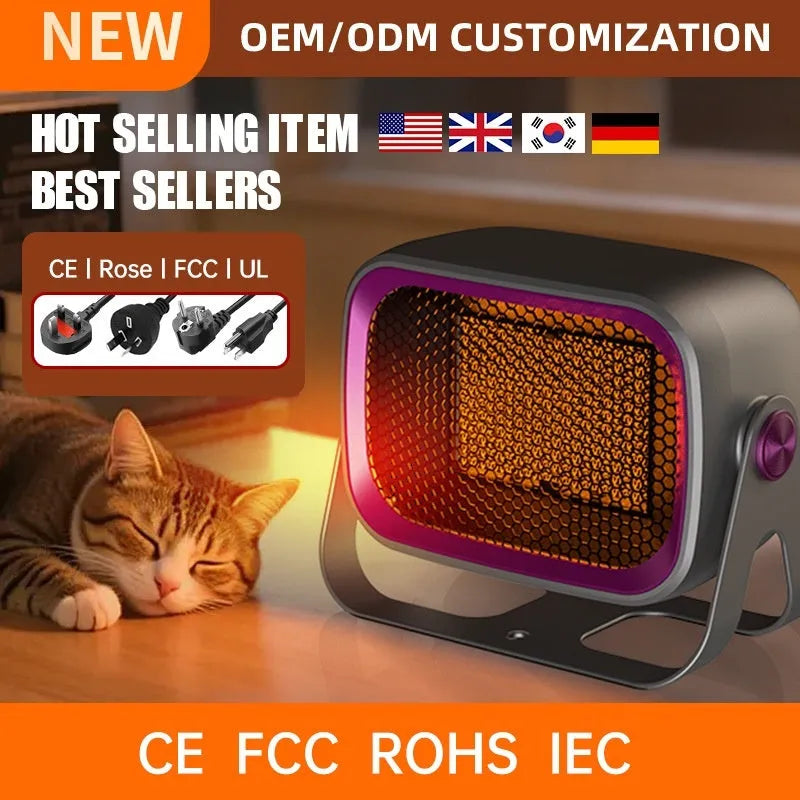 Compact white desktop ceramic heater with rotatable base on a wooden table.