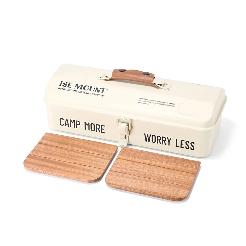 Outdoor camping toolbox with stickers, measuring 36x15x11cm, available in multiple colours with lining options