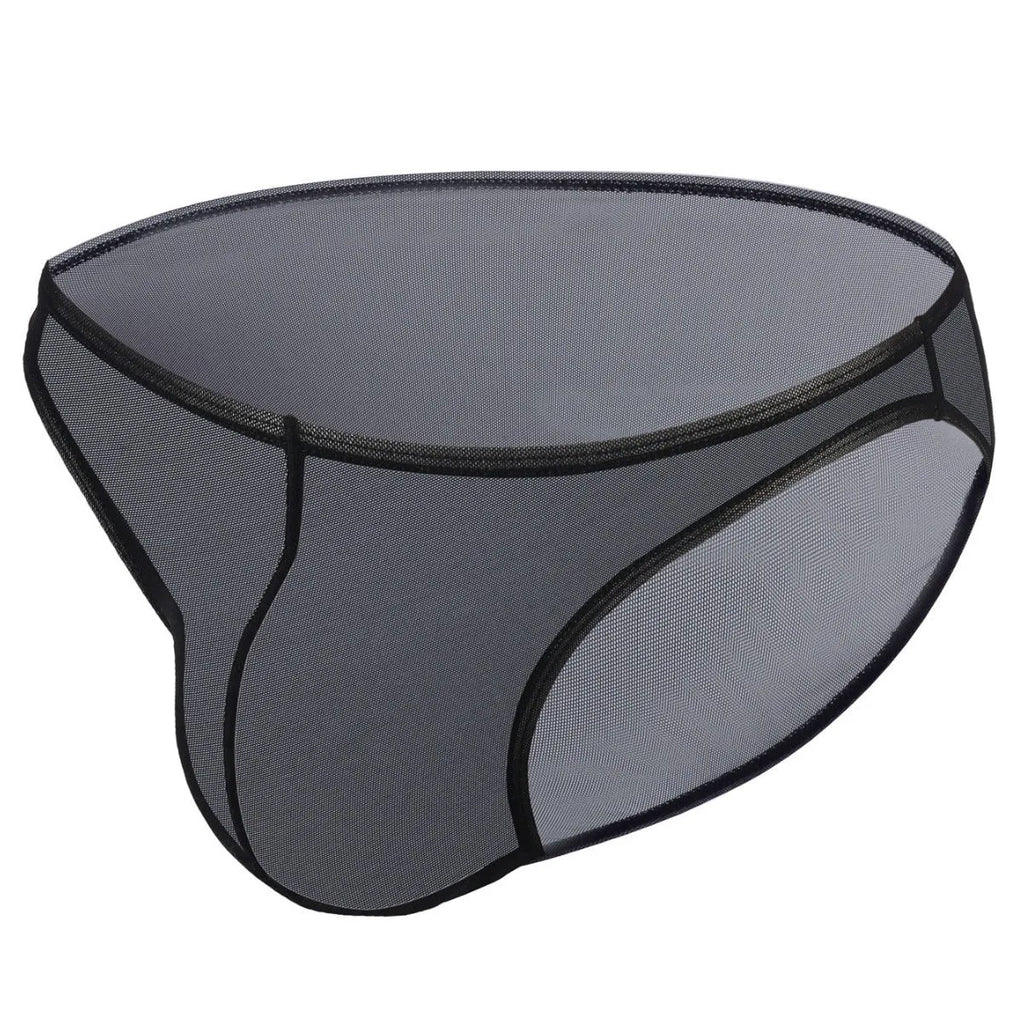Men's black low-waist knitted nylon briefs laid flat, showing triangle style and quick-dry fabric texture.