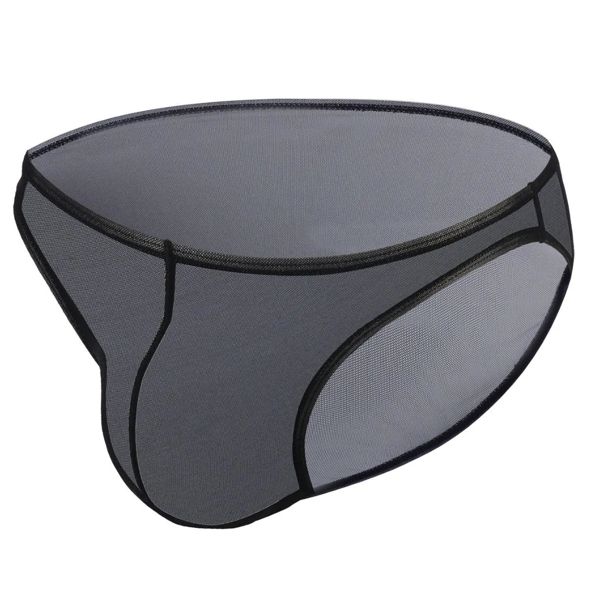 Men's black low-waist knitted nylon briefs laid flat, showing triangle style and quick-dry fabric texture.