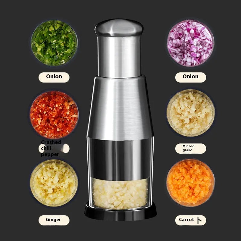 Black manual garlic press and vegetable chopper with stainless steel blades measuring 6x16 cm