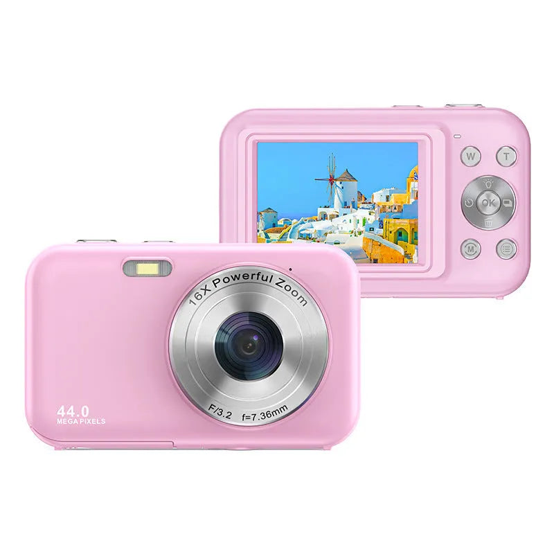 Colourful children's digital compact camera with 2.4-inch screen shown in pink.