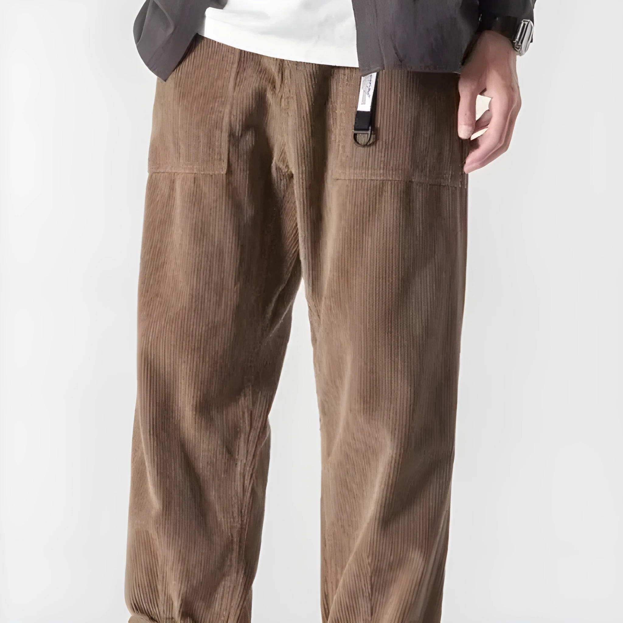 Loose straight-leg pants with tapered wide-leg design in chemical fibre blend fabric