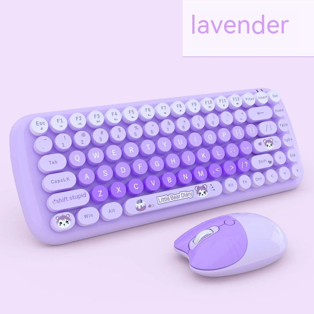 Candy pink wireless keyboard and mouse set with cartoon design on compact 43.5cm keyboard
