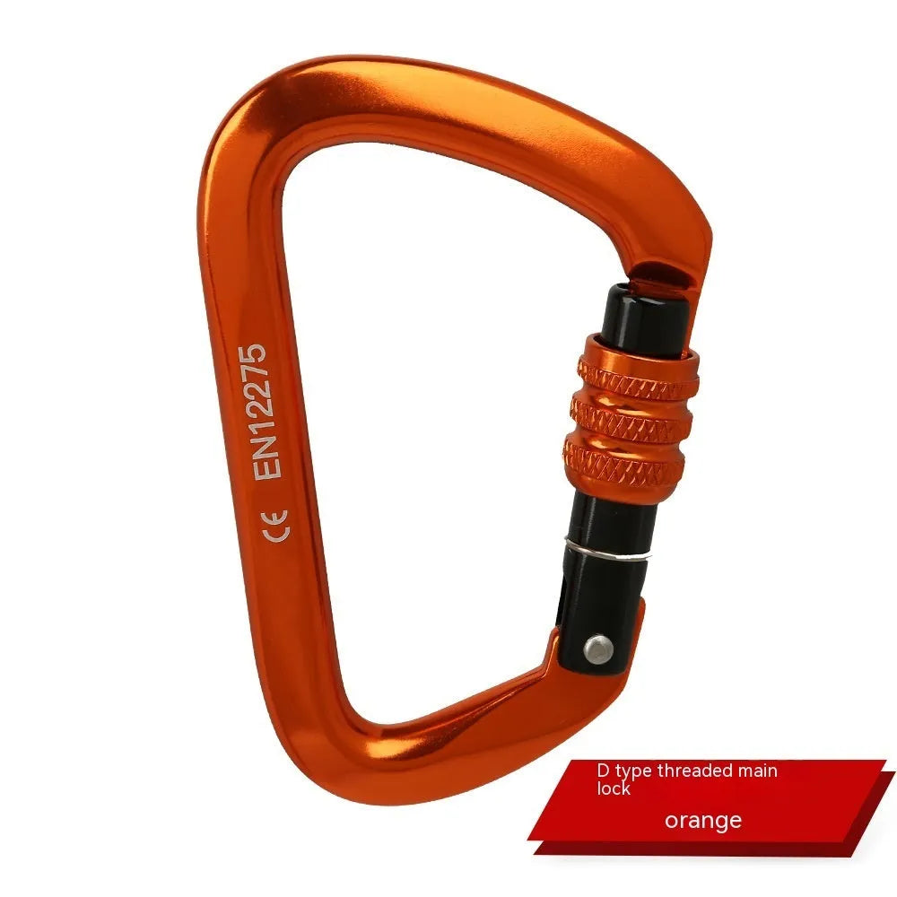 D-shaped rock climbing carabiner with automatic gate shown in orange, alongside a threaded gate version in black.