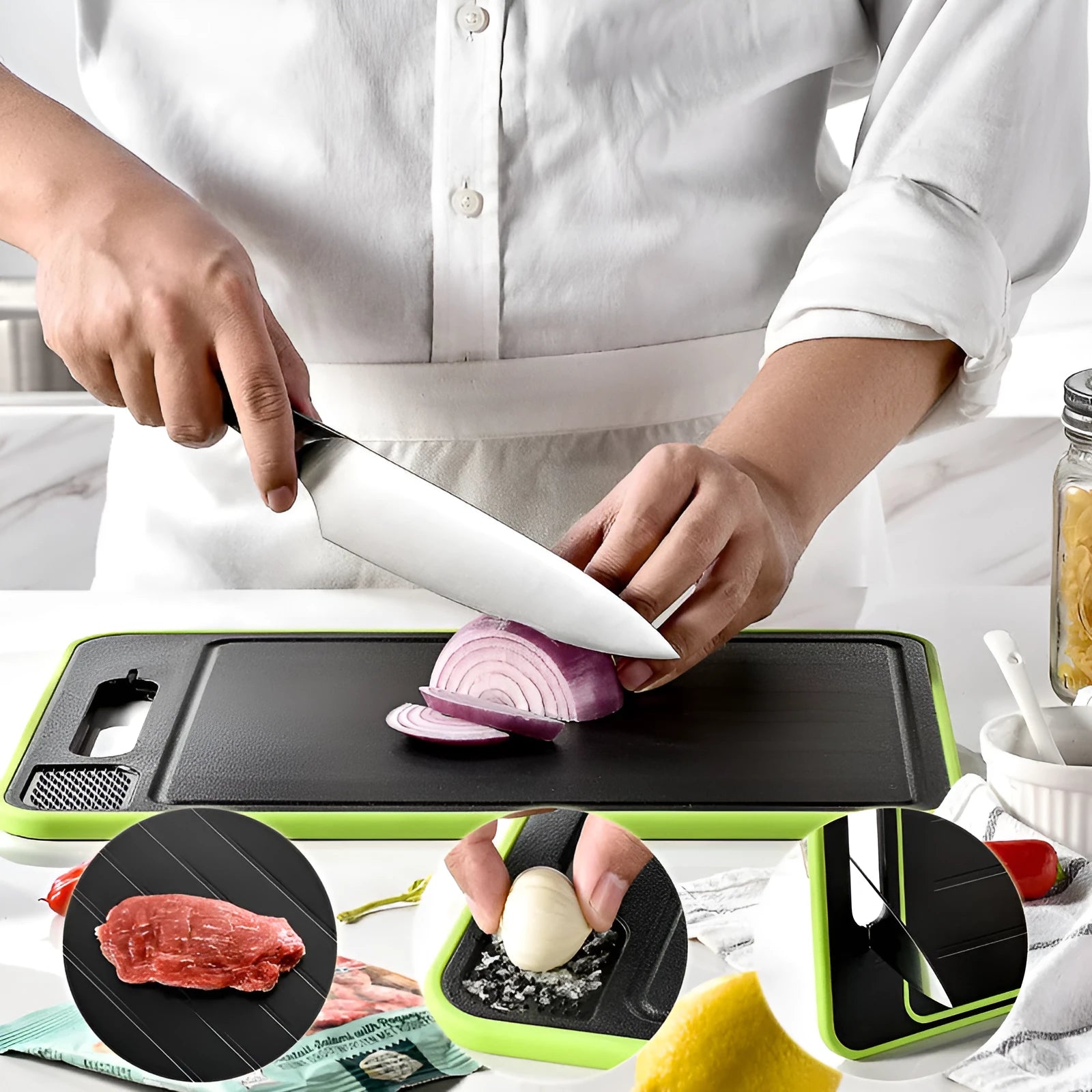 Grey square aluminium cutting board with defrosting side, grinder teeth, and integrated knife sharpener.