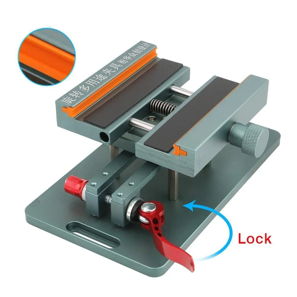 Multifunctional mobile phone repair clamp with silicone grips and included crowbar tool.