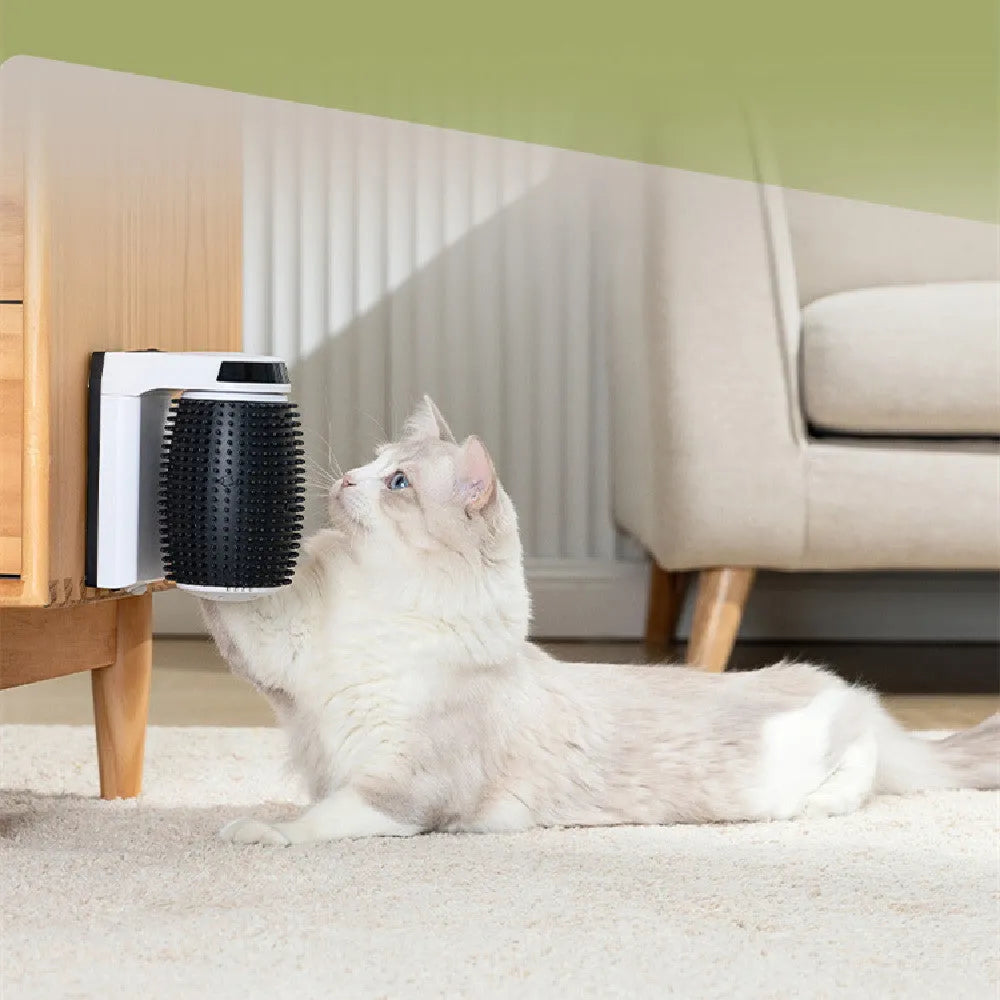 White automatic cat self-groomer mounted on wall corner with USB cable connection