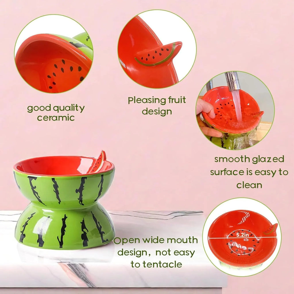 Ceramic raised cat feeding bowl with tilted design in orange colour pattern