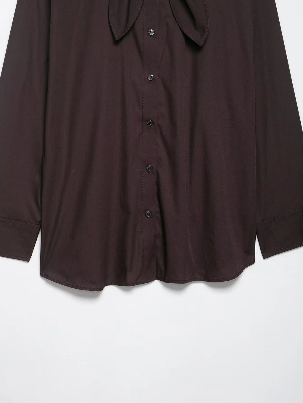 Brown women's poplin shirt with bow tie scarf detail, loose fit design