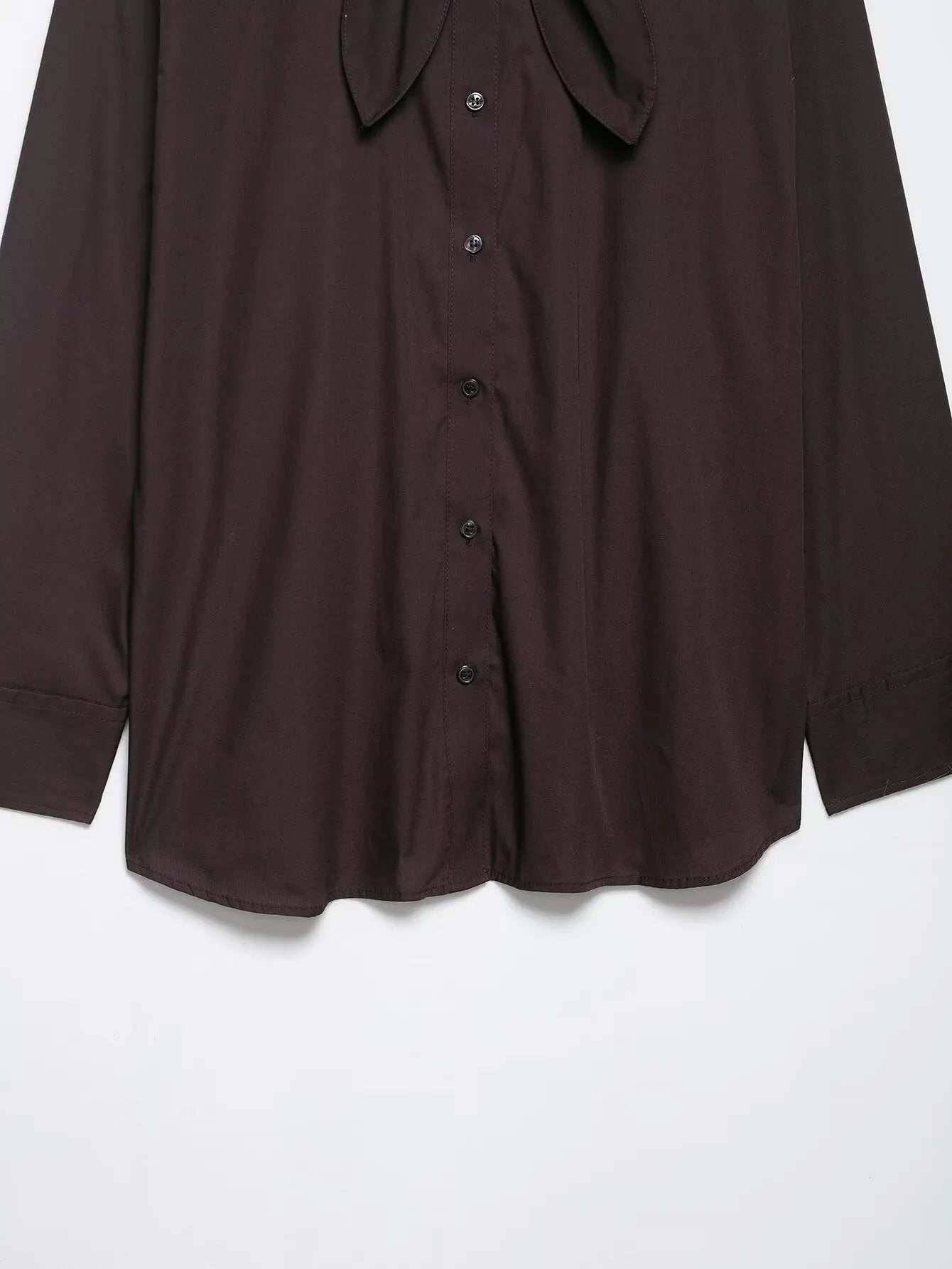 Brown women's poplin shirt with bow tie scarf detail, loose fit design