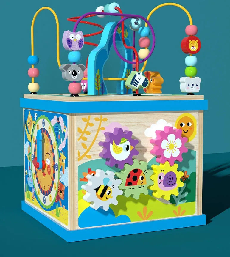 Blue wooden bead treasure box toy with four multifunctional play scenes for children aged 3+