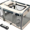 Beige portable pet carrier bag for dogs and cats with breathable mesh sides and top handle