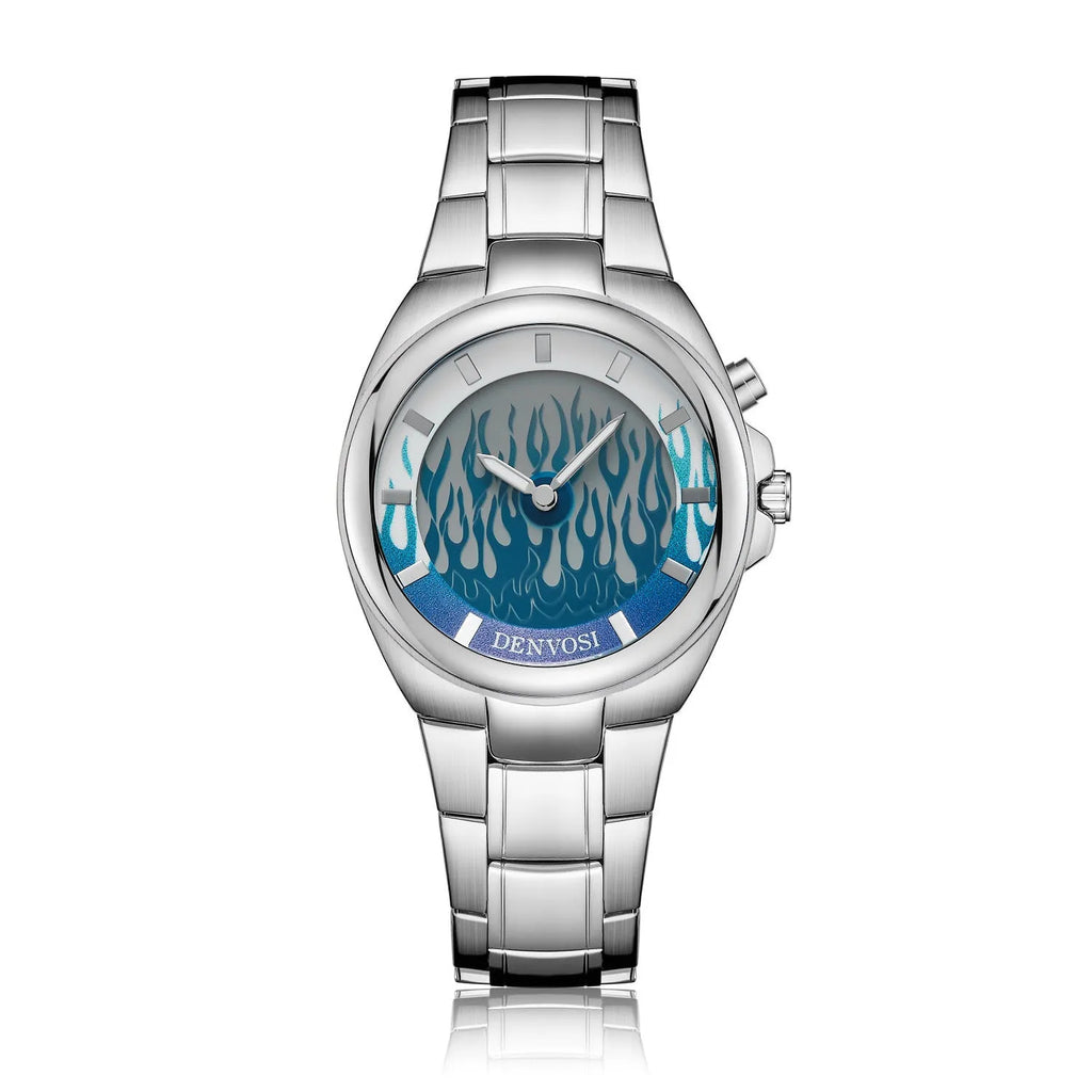 Men's Y2K digital watch with dual LCD displays showing blue flame dial on an alloy strap with stainless steel buckle.
