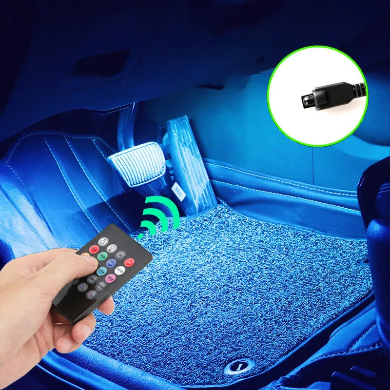 Car interior footwell LED atmosphere lighting kit with 36 lights and controller showing eight colour options