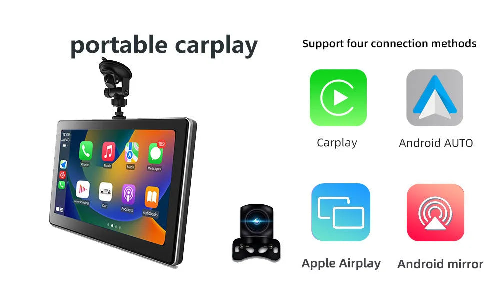 Black 7-inch wireless CarPlay touch screen car dash camera with wide-angle lens.
