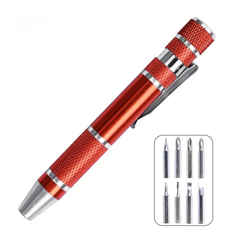 8-in-1 aluminium alloy pen-type screwdriver set with multiple coloured handles and nickel-plated cutter heads