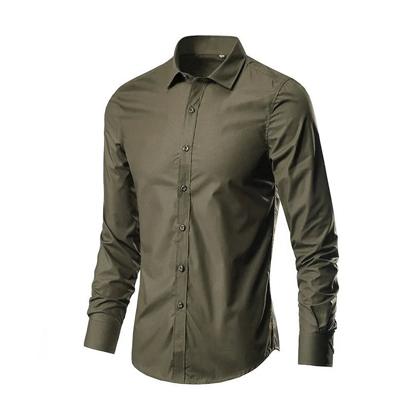 Men's slim-fit long sleeve linen shirt on a hanger, shown in a light grey colour.