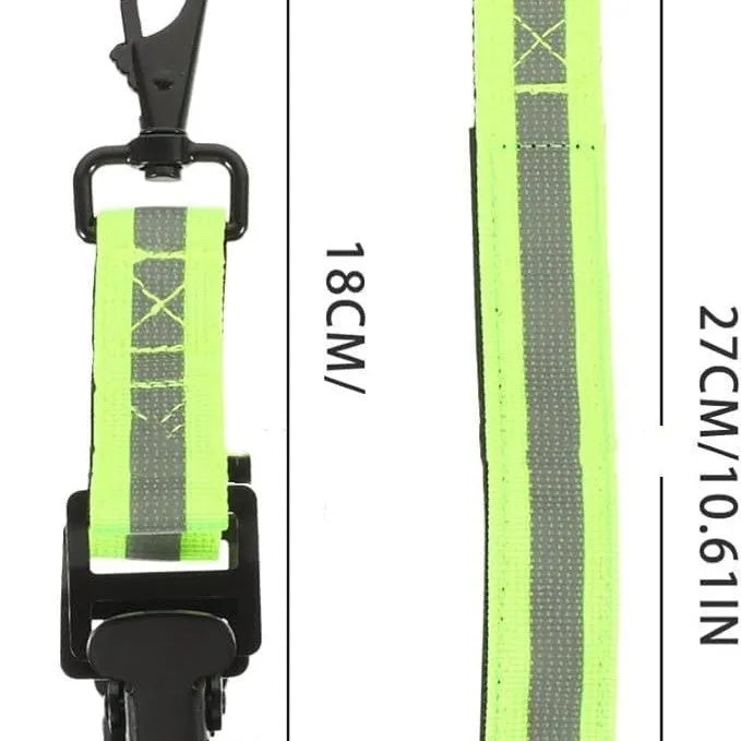 Fluorescent green fireman glove safety clamp with metal buckle and reflective lining.