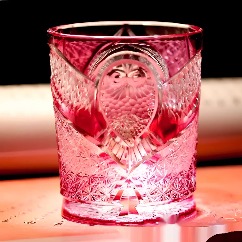 Crystal glass hand carved golden red owl wine glass with 201-300ml capacity on a table
