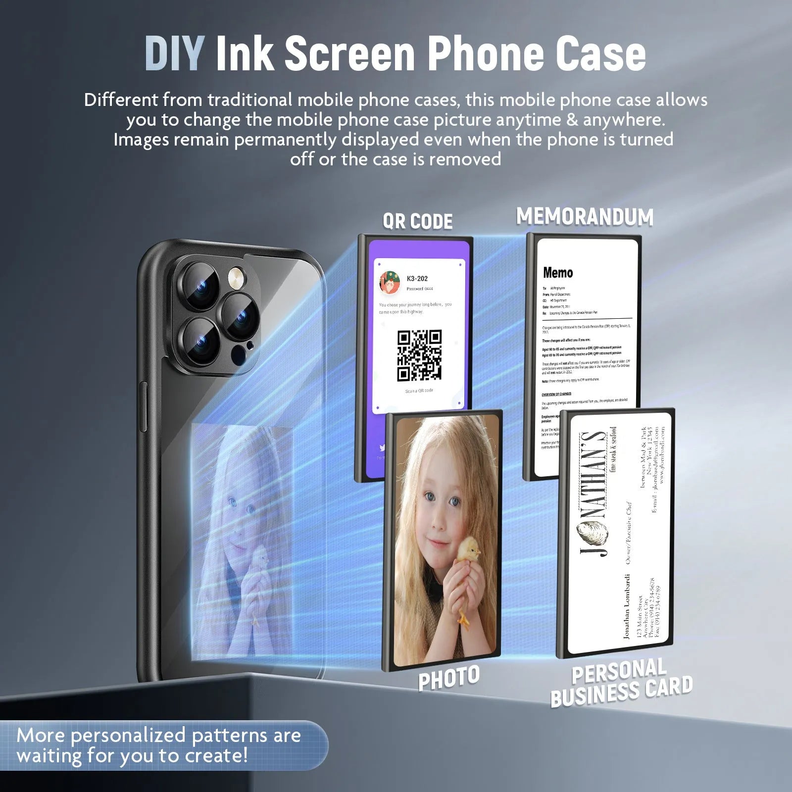 Black and Purple iPhone 15 Pro Max flip case with a customisable NFC ink screen on the front.