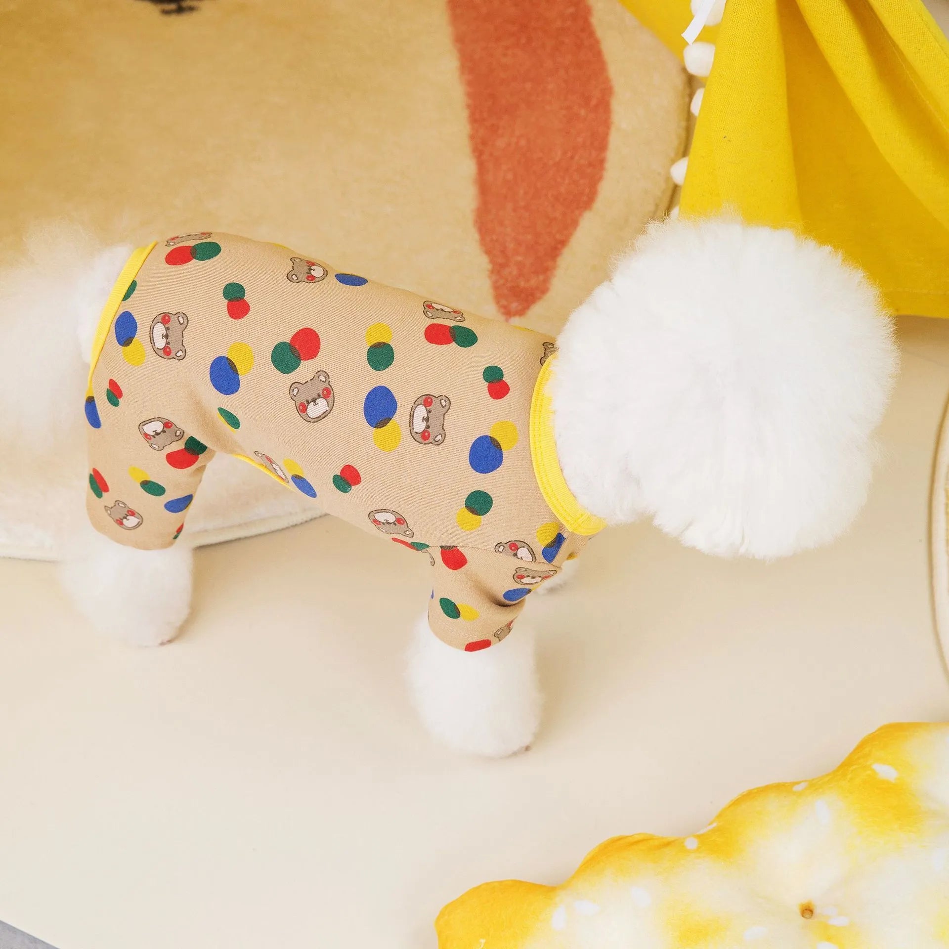 Beige and light brown dog jumpers with colourful ball bear design, sizes S to XXL