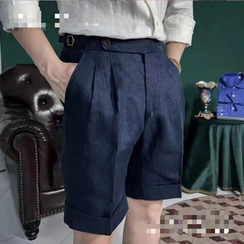 Men's linen five-point cuffed shorts in navy blue, double waist, casual style