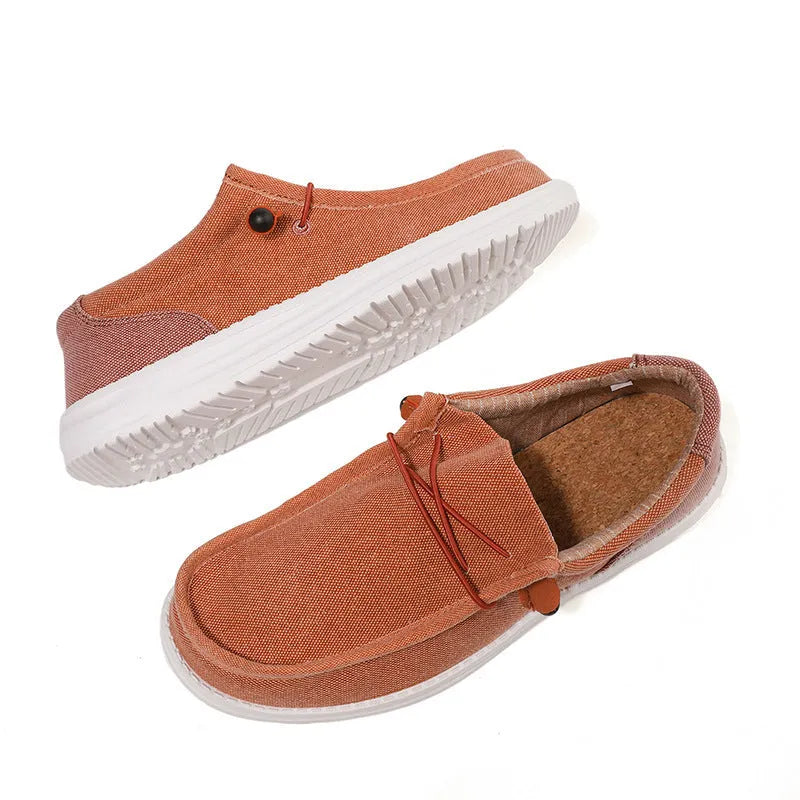 Men's green and orange canvas casual shoes with colourful mosaic design and round toe