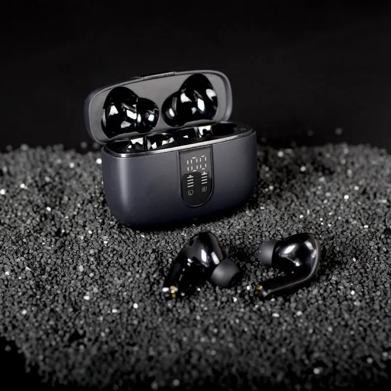 Jerry X08 wireless Bluetooth in-ear headphones and charging case with digital display in black, grey, or white.