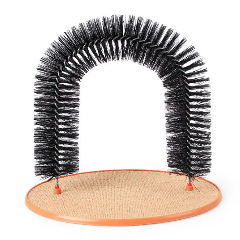 White plastic cat grooming arch with built-in brush bristles for scratching and rubbing
