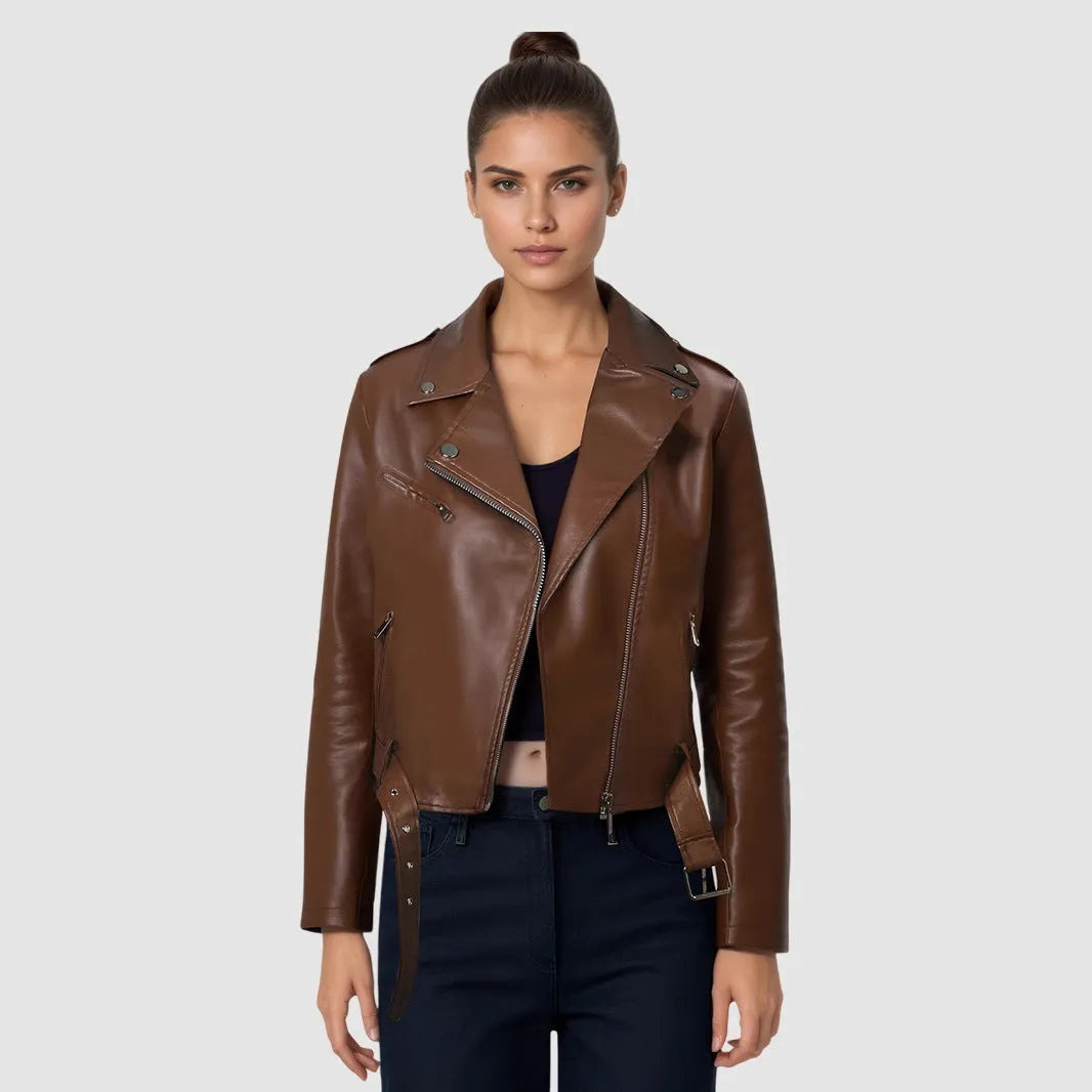 Women's black PU imitation leather motorcycle jacket with an adjustable waist belt, shown front-on.