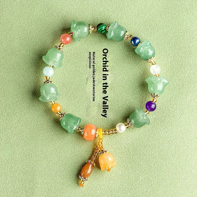 Natural Xinjiang Jinsi Jade bracelet with carved orchid beads in aventurine orchid colour for 14-18cm wrists