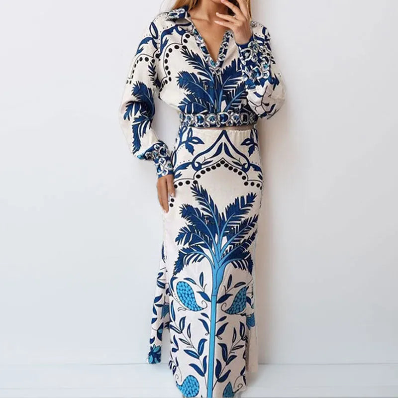 Women's long sleeve polyester casual set with pants in picture colour, shown on a model.