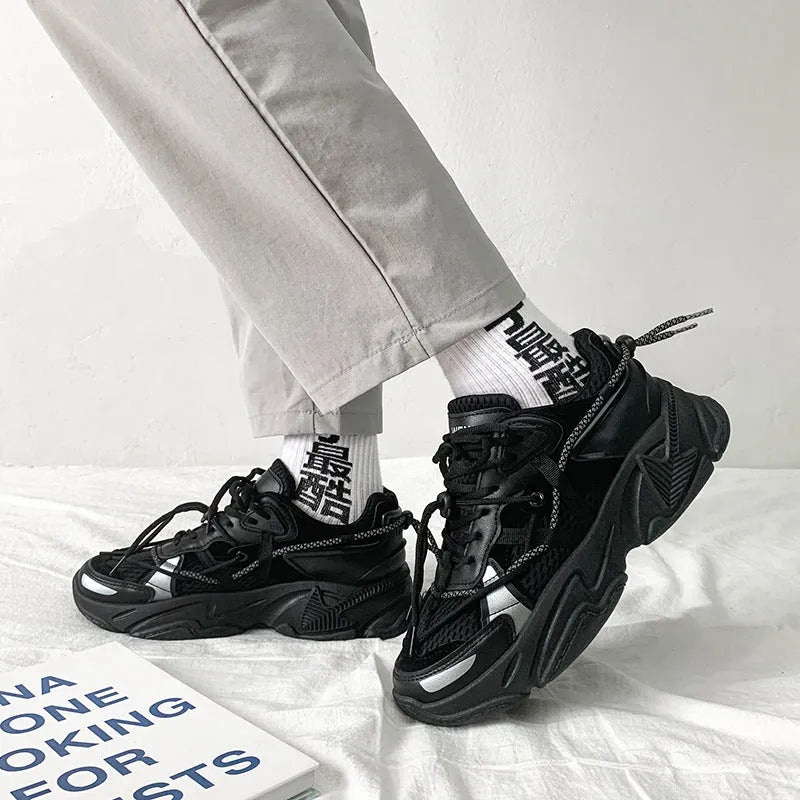 Men's white Korean-style platform dad sneakers with lace-up front and breathable mesh lining.