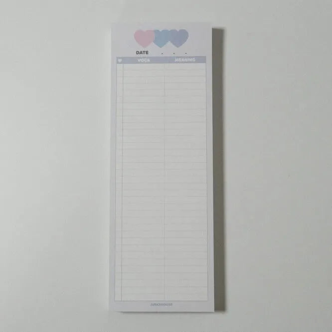Vertical B5 half-size notepad with English words printed on paper, shown in pink, purple, and blue cover colours.