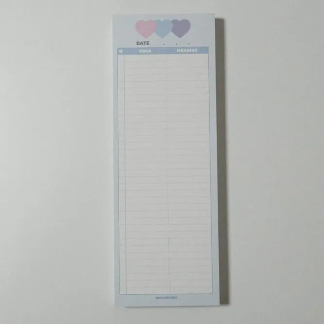 Vertical B5 half-size notepad with English words printed on paper, shown in pink, purple, and blue cover colours.