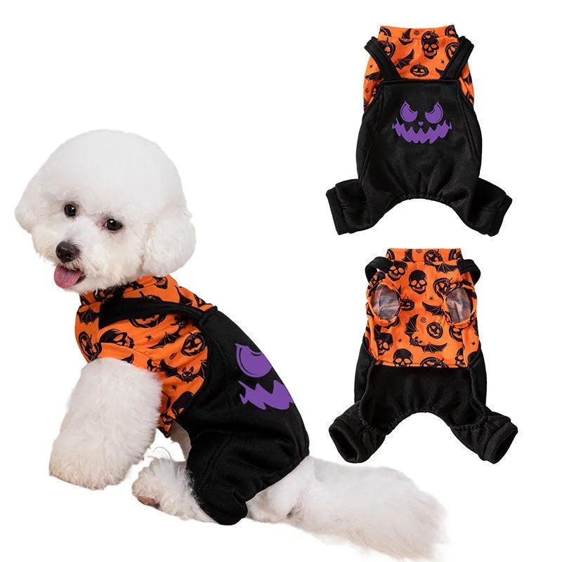 Halloween party creative printing pet dog costume in polyester, shown in two colour options and five sizes XS to XL
