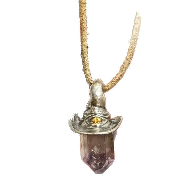 Retro natural amethyst hexagonal witch hat pendant necklace on cowhide rope, crystal centrepiece