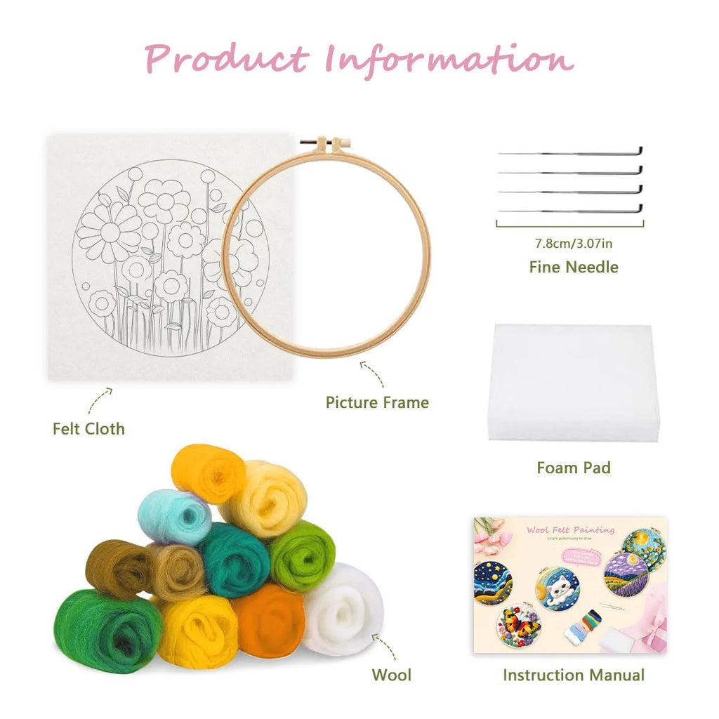 Round linen embroidery kit with wool felt pieces and embroidery frame for 20x20cm blanket painting
