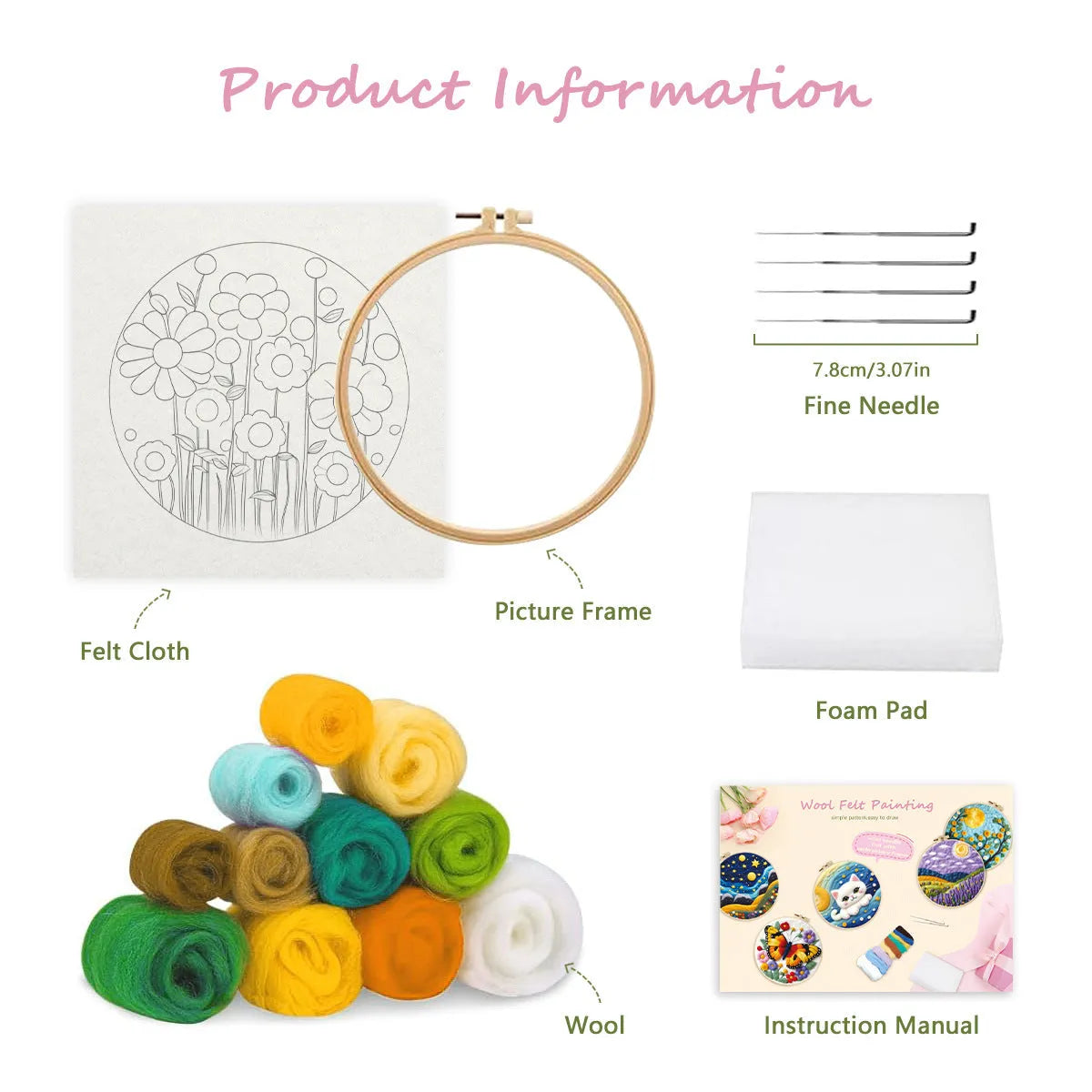 Round linen embroidery kit with wool felt pieces and embroidery frame for 20x20cm blanket painting