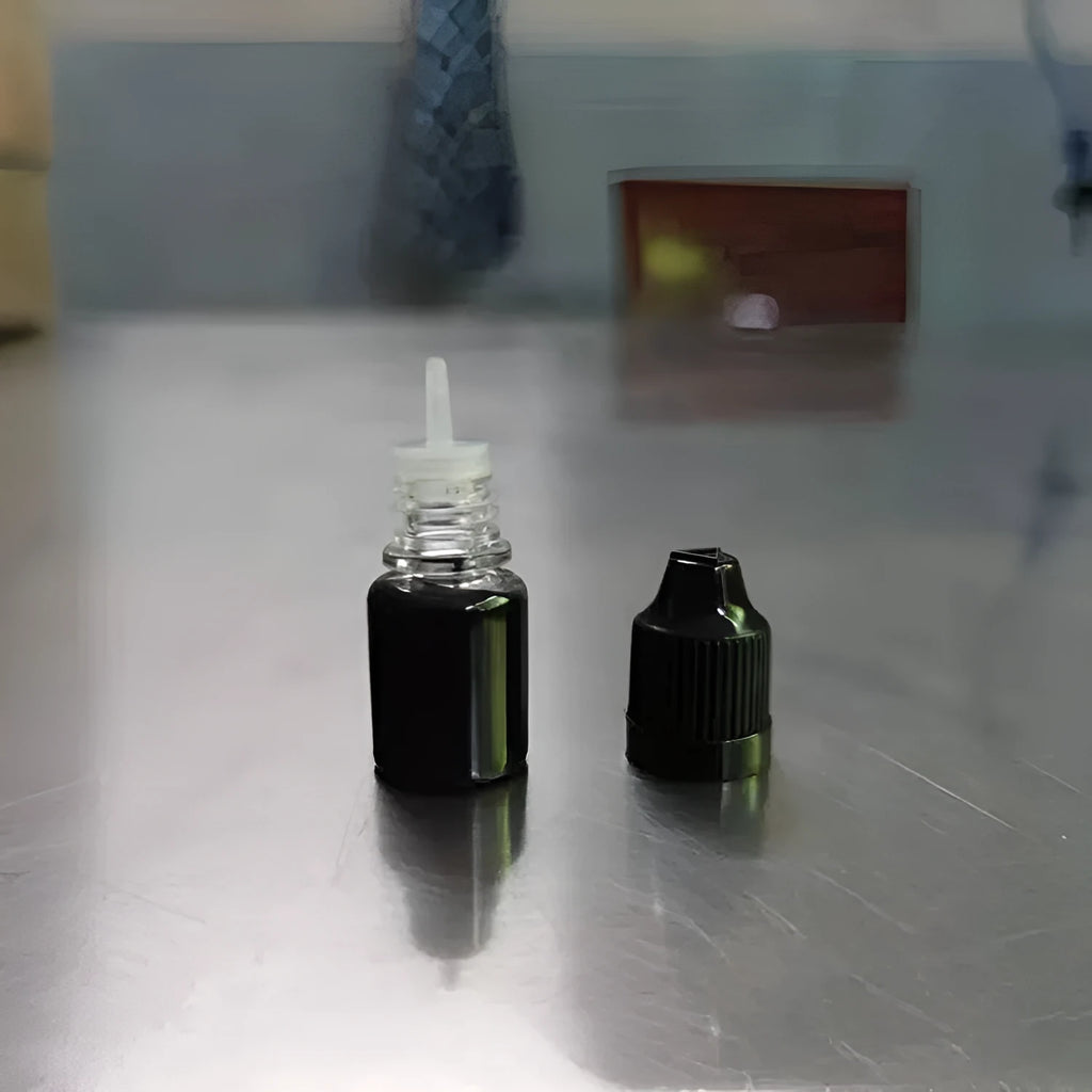 A small bottle containing 5ml of black confidentiality seal ink for privacy stamps.