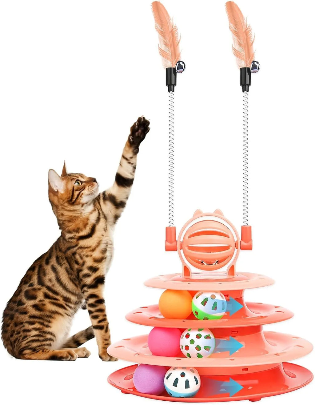 Blue four-tier interactive cat carousel toy with balls and teasing rods on a non-slip base.