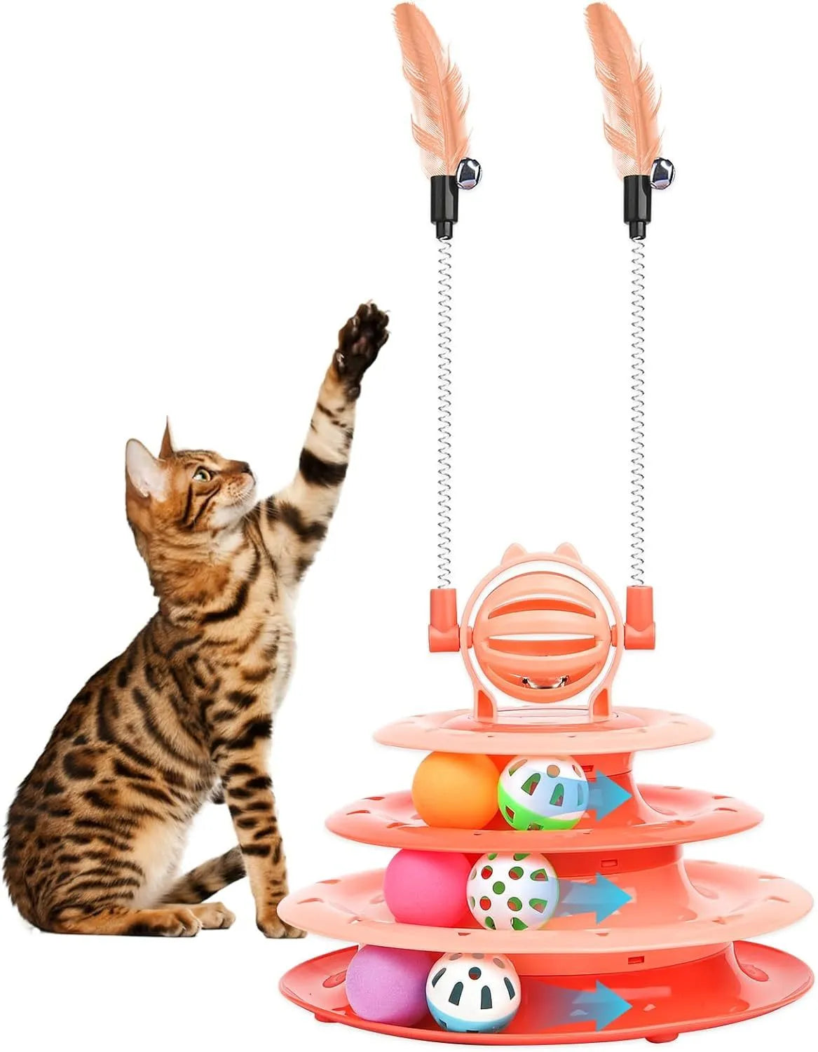 Blue four-tier interactive cat carousel toy with balls and teasing rods on a non-slip base.