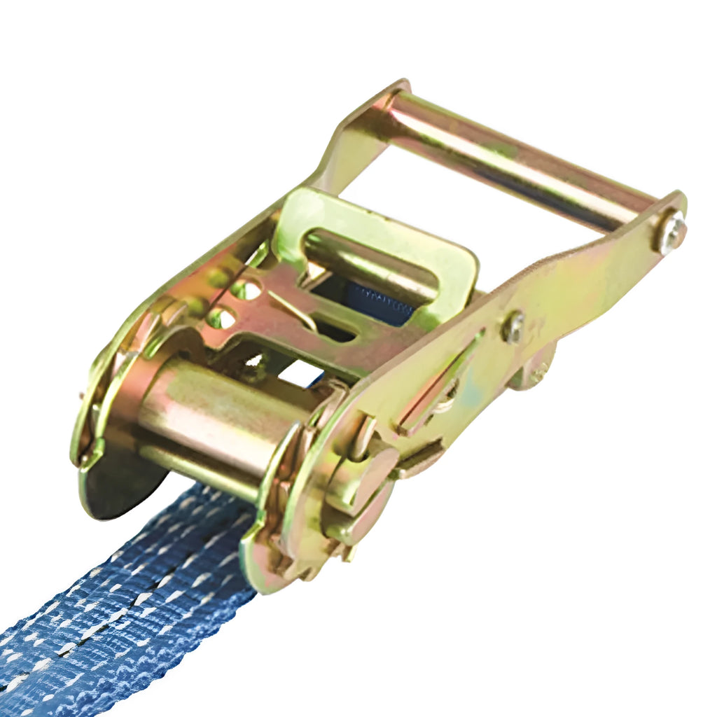 Steel ratchet tensioner with double hook on a 25mm wide polyester fastening strap for cargo and furniture